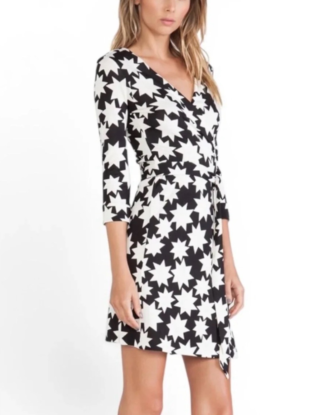 Diane Von Furstenberg Julian Black & White Star Print Wrap Mini Dress